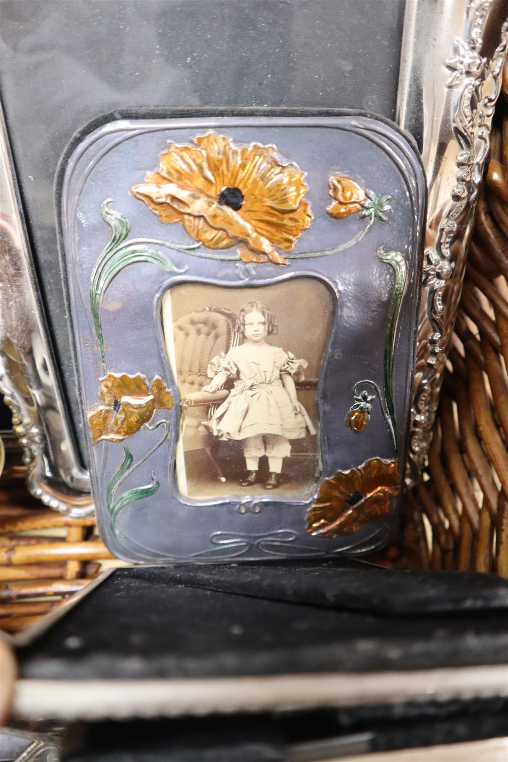 A quantity of plated and other frames, antler, horn carving knives, shakers, Meerschaum pipe etc